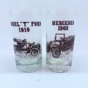 Vintage Automotive Glasses Set - Model T Ford & Mercedes